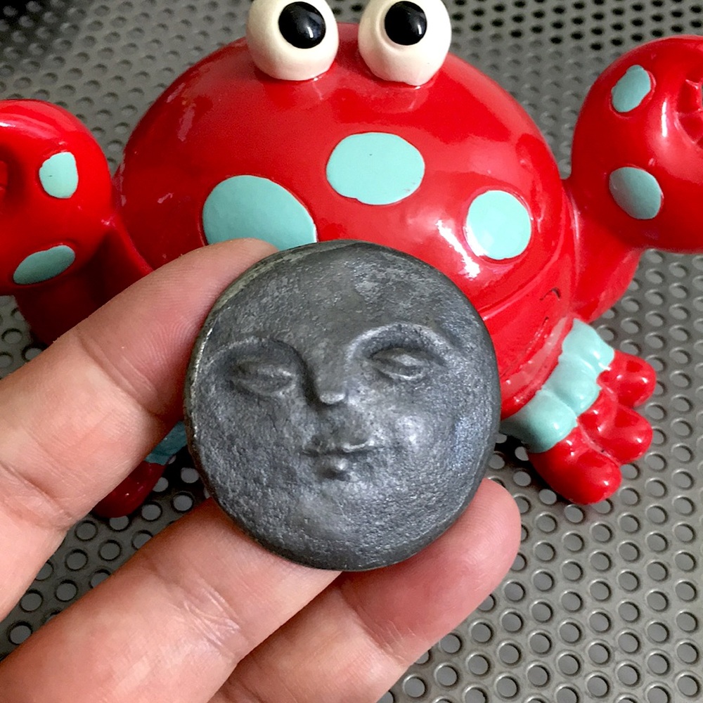 Rare Pewter Art Moon Face Brooch Gem